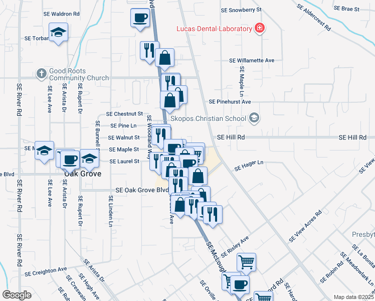 map of restaurants, bars, coffee shops, grocery stores, and more near 3032 Southeast Maple Street in Milwaukie