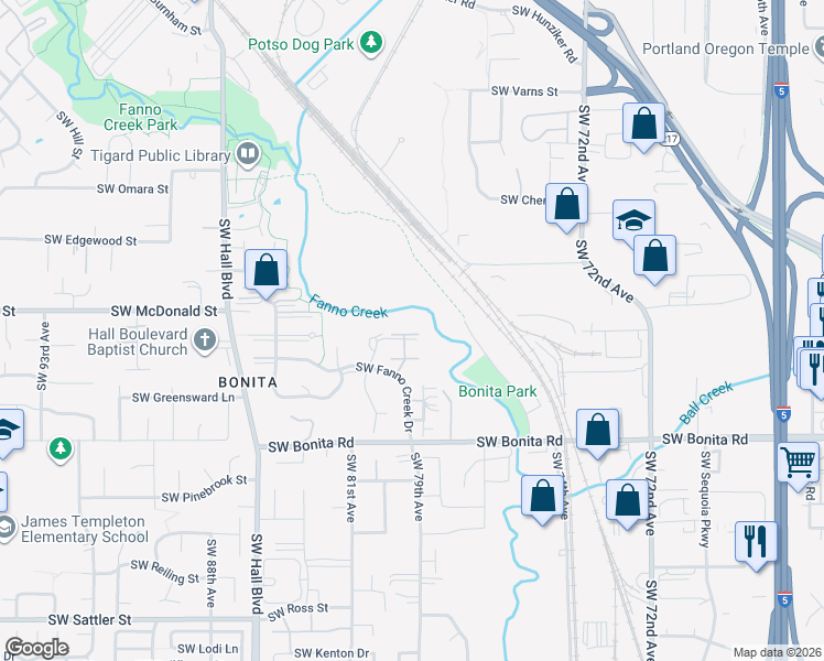 map of restaurants, bars, coffee shops, grocery stores, and more near 7915 Southwest Fanno Creek Drive in Tigard