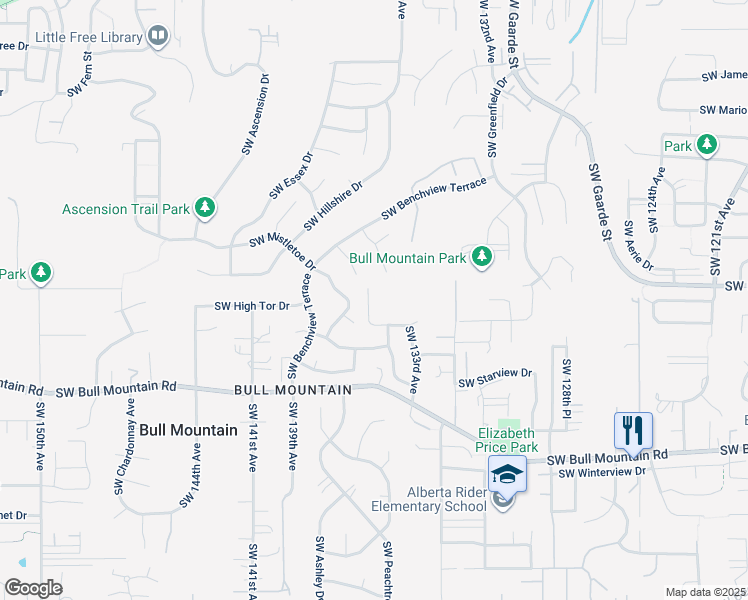 map of restaurants, bars, coffee shops, grocery stores, and more near 13673 Southwest Mountain Ridge Court in Tigard