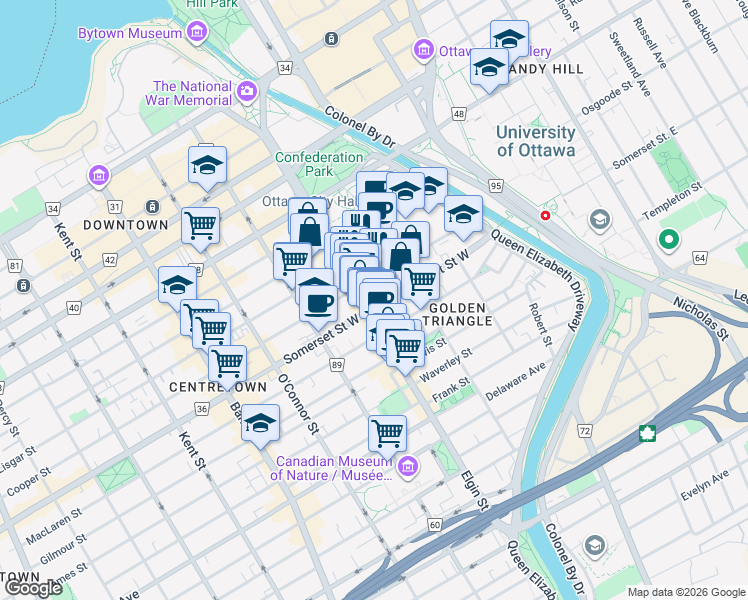 map of restaurants, bars, coffee shops, grocery stores, and more near in Ottawa