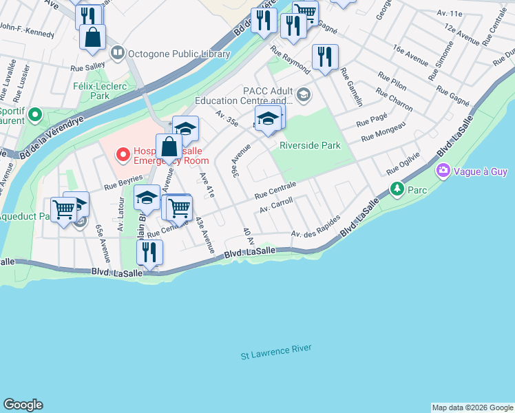 map of restaurants, bars, coffee shops, grocery stores, and more near 620 Avenue Carroll in Montréal