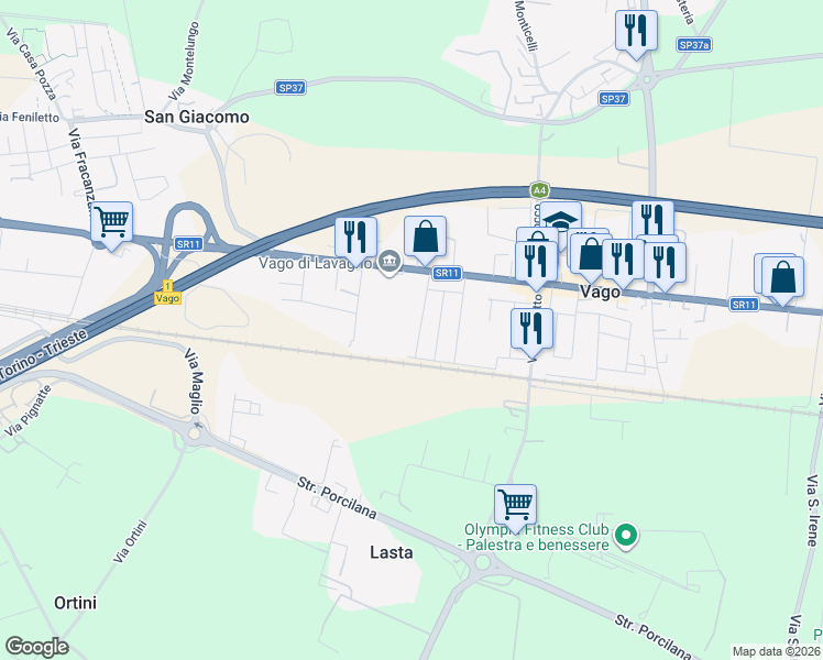 map of restaurants, bars, coffee shops, grocery stores, and more near 2/B Via C. Battisti in Vago