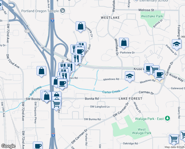 map of restaurants, bars, coffee shops, grocery stores, and more near 5885 Meadows Road in Lake Oswego