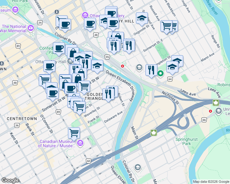 map of restaurants, bars, coffee shops, grocery stores, and more near 12 Lewis Street in Ottawa