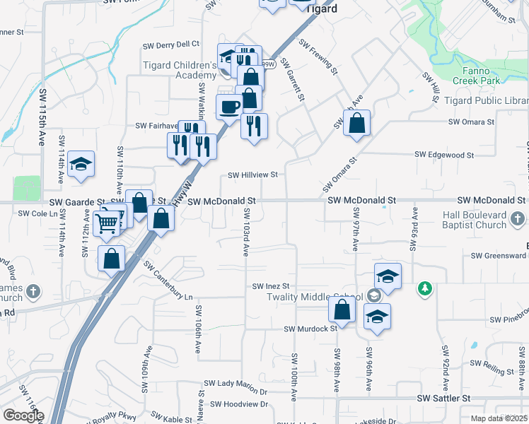 map of restaurants, bars, coffee shops, grocery stores, and more near 14150 Southwest Driftwood Court in Portland