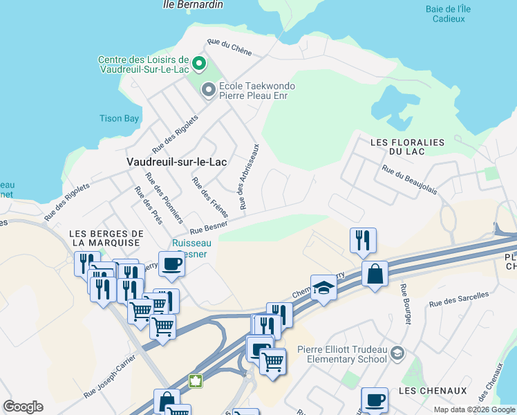 map of restaurants, bars, coffee shops, grocery stores, and more near 110 Rue des Aubépines in Vaudreuil-sur-le-Lac