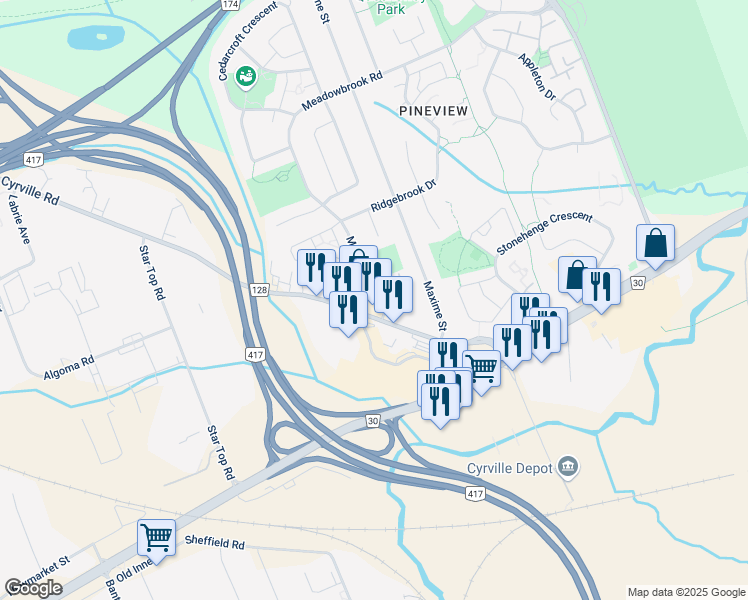 map of restaurants, bars, coffee shops, grocery stores, and more near 1671 Meadowbrook Road in Ottawa