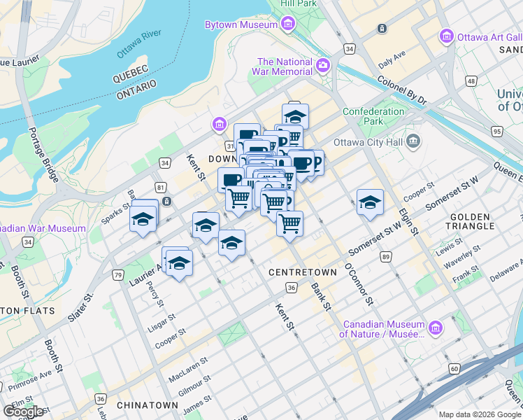 map of restaurants, bars, coffee shops, grocery stores, and more near 324 Avenue Laurier in Ottawa