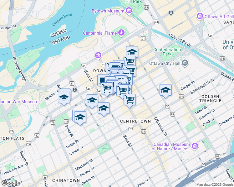 map of restaurants, bars, coffee shops, grocery stores, and more near 324 Laurier Avenue West in Ottawa
