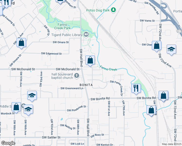 map of restaurants, bars, coffee shops, grocery stores, and more near 14010 Southwest Hall Boulevard in Tigard