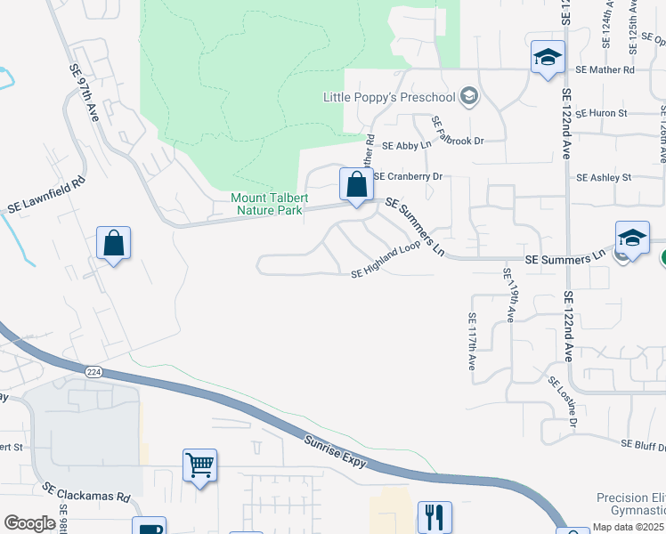 map of restaurants, bars, coffee shops, grocery stores, and more near 11309 Southeast Highland Loop in Clackamas