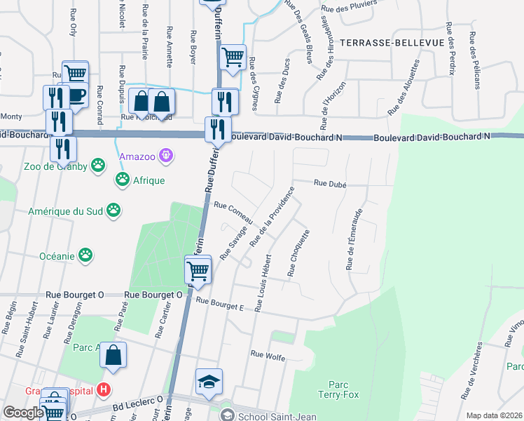 map of restaurants, bars, coffee shops, grocery stores, and more near 467 Rue Savage in Granby