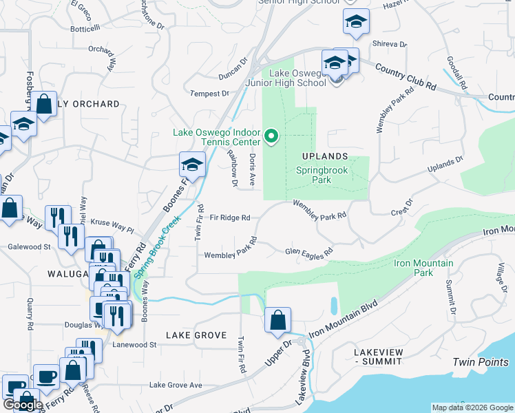 map of restaurants, bars, coffee shops, grocery stores, and more near 2955 Wembley Park Road in Lake Oswego