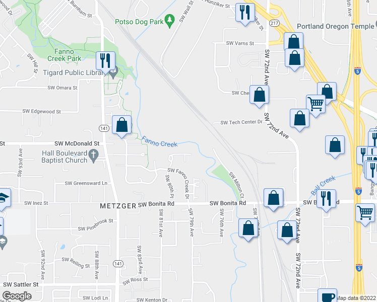 map of restaurants, bars, coffee shops, grocery stores, and more near 7915 Southwest Fanno Creek Drive in Tigard