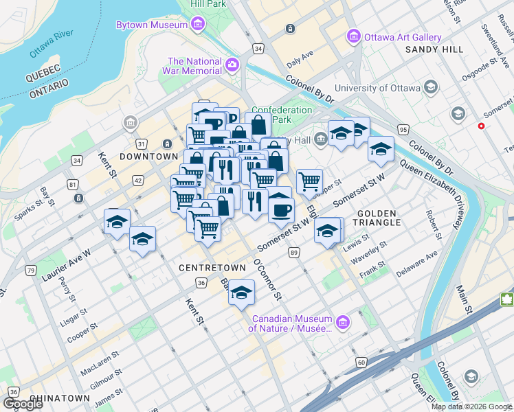 map of restaurants, bars, coffee shops, grocery stores, and more near 225 Lisgar Street in Ottawa