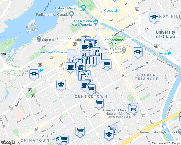 map of restaurants, bars, coffee shops, grocery stores, and more near 168 O'Connor Street in Ottawa