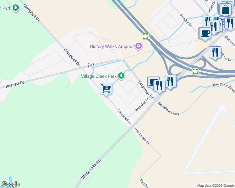 map of restaurants, bars, coffee shops, grocery stores, and more near 5 Bert Hall Street in Arnprior