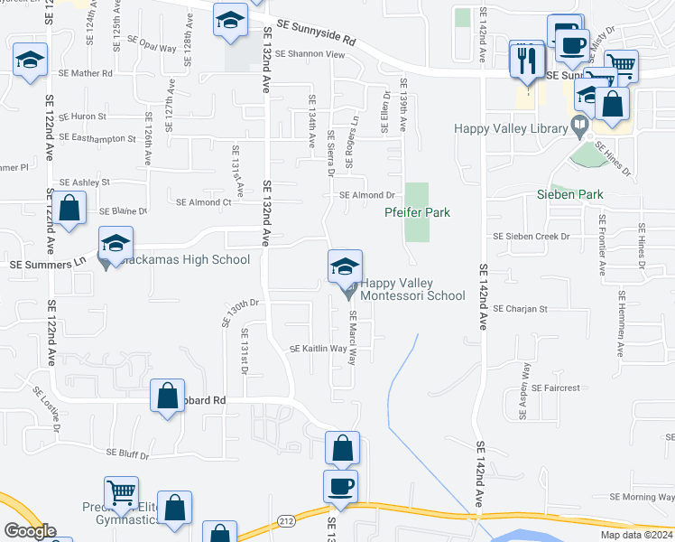 map of restaurants, bars, coffee shops, grocery stores, and more near 14376 Southeast Sierra Drive in Clackamas