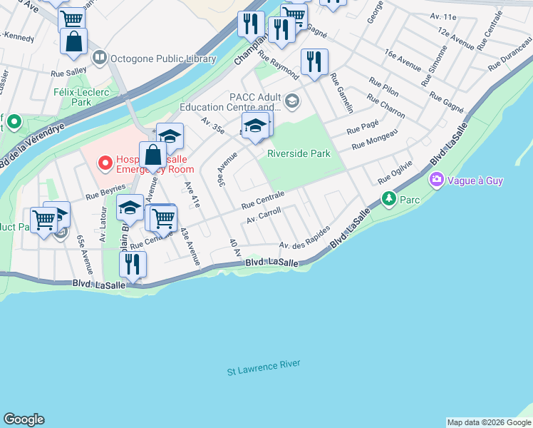 map of restaurants, bars, coffee shops, grocery stores, and more near Avenue Carroll in Montréal