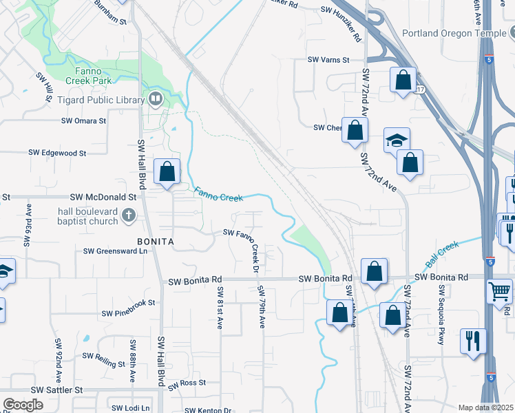 map of restaurants, bars, coffee shops, grocery stores, and more near 7915 Southwest Fanno Creek Drive in Tigard