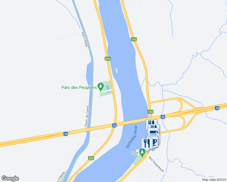map of restaurants, bars, coffee shops, grocery stores, and more near 3435 Chemin Sainte-Thérèse in Carignan