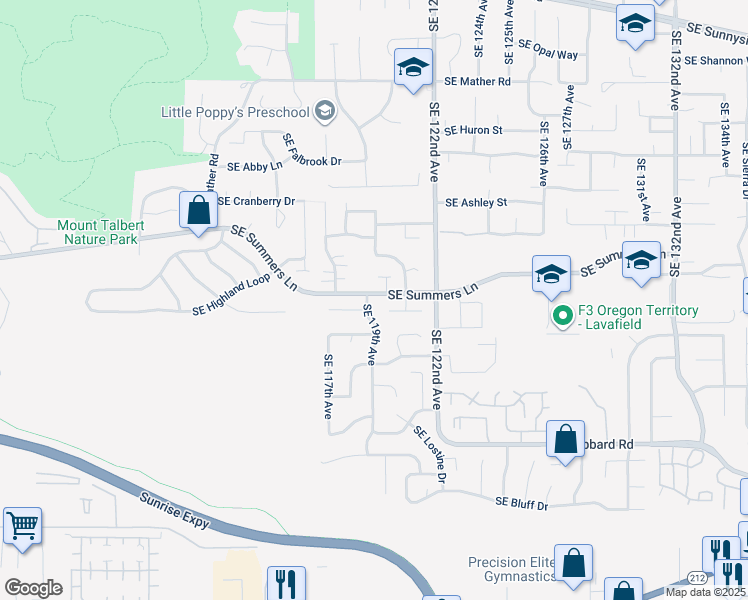 map of restaurants, bars, coffee shops, grocery stores, and more near 14404 Southeast 119th Avenue in Clackamas