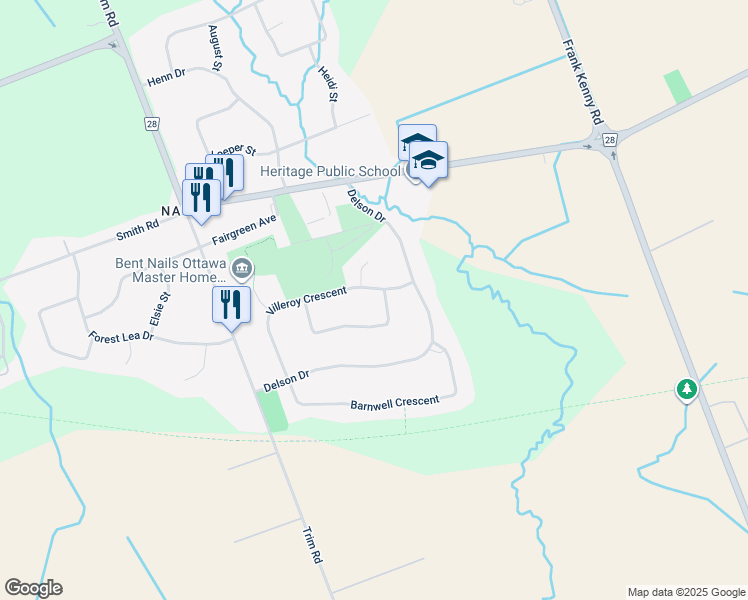 map of restaurants, bars, coffee shops, grocery stores, and more near 1266 Villeroy Crescent in Ottawa
