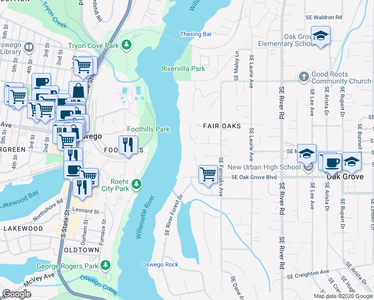 map of restaurants, bars, coffee shops, grocery stores, and more near 14335 Southeast Wagner Lane in Milwaukie