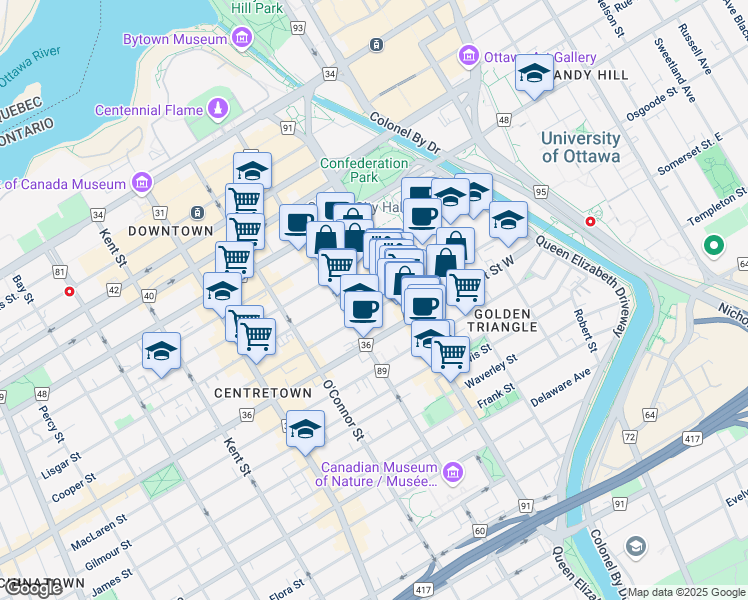 map of restaurants, bars, coffee shops, grocery stores, and more near 201 Cooper Street in Ottawa