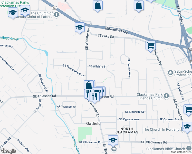 map of restaurants, bars, coffee shops, grocery stores, and more near 14314 Southeast Webster Road in Milwaukie