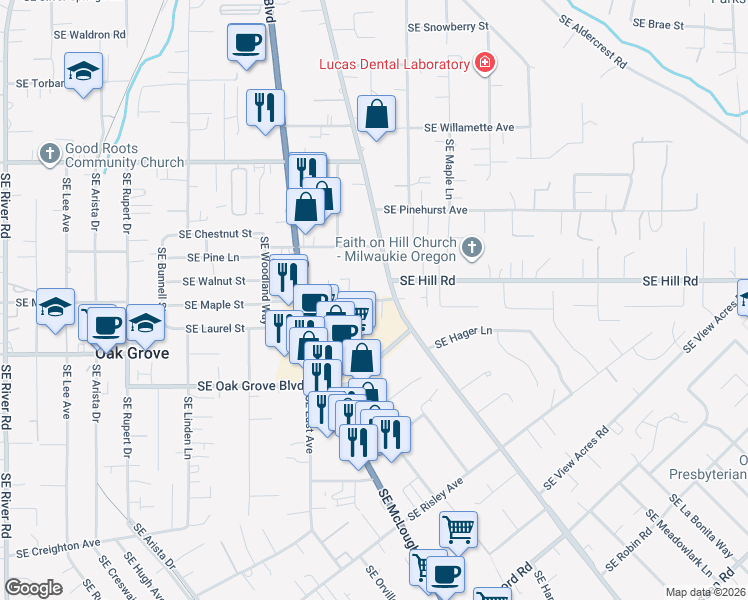 map of restaurants, bars, coffee shops, grocery stores, and more near 3327 Southeast Maple Street in Oak Grove