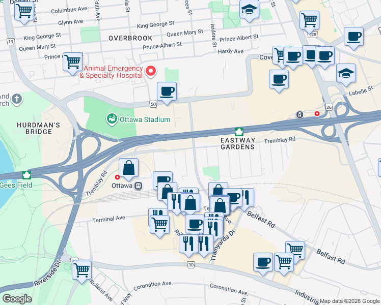 map of restaurants, bars, coffee shops, grocery stores, and more near 294 Tremblay Road in Ottawa