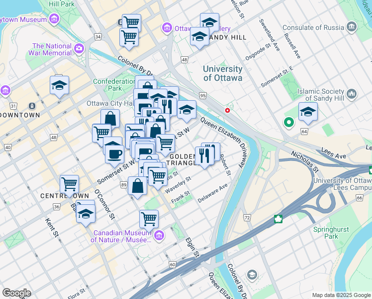 map of restaurants, bars, coffee shops, grocery stores, and more near in Ottawa