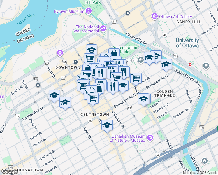 map of restaurants, bars, coffee shops, grocery stores, and more near 8 Nepean Street in Ottawa