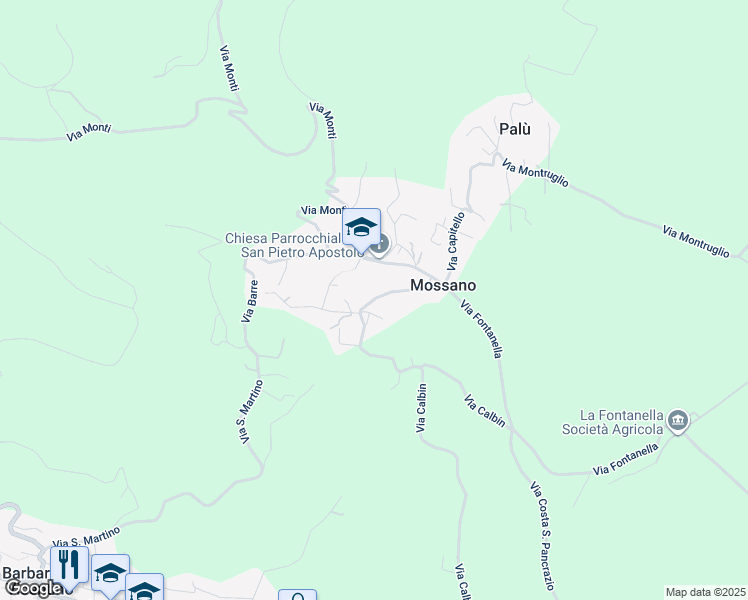 map of restaurants, bars, coffee shops, grocery stores, and more near 3 Via Calbin in Mossano