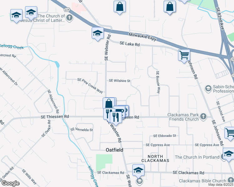 map of restaurants, bars, coffee shops, grocery stores, and more near 14404 Southeast Webster Road in Milwaukie
