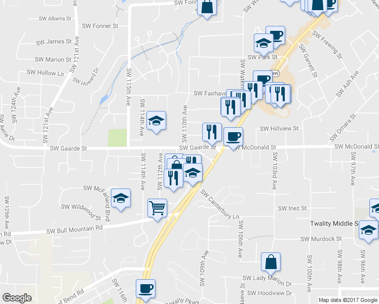 map of restaurants, bars, coffee shops, grocery stores, and more near 11000 Southwest Gaarde Street in Portland