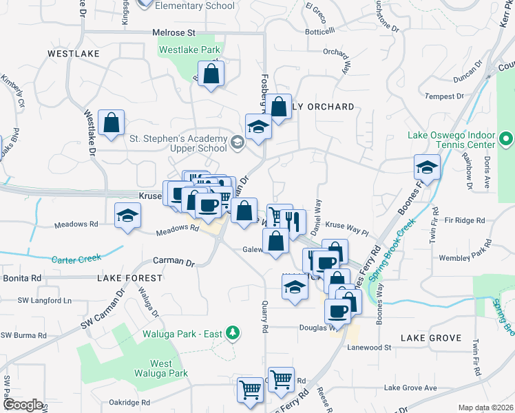 map of restaurants, bars, coffee shops, grocery stores, and more near 4403 Kruse Way in Lake Oswego