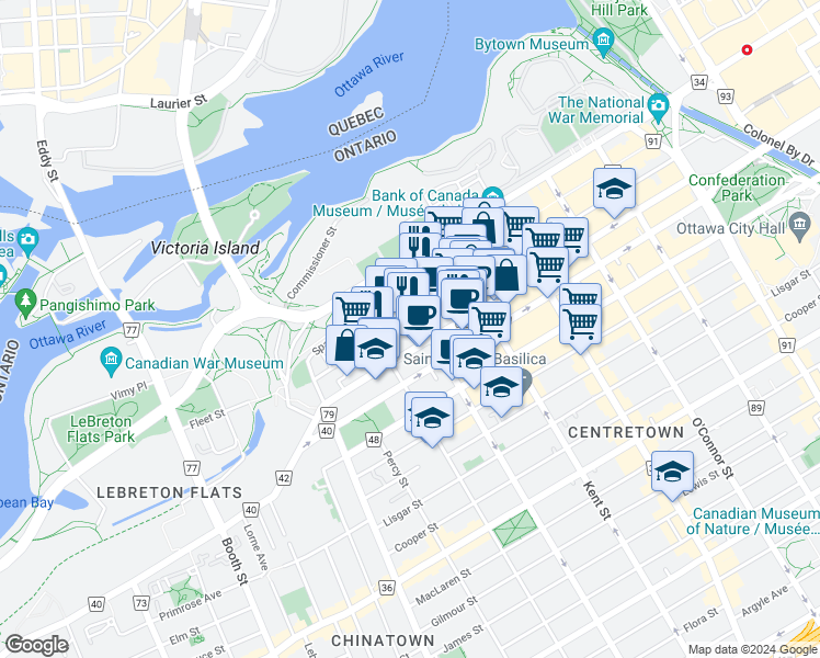 map of restaurants, bars, coffee shops, grocery stores, and more near 101 Lyon Street North in Ottawa