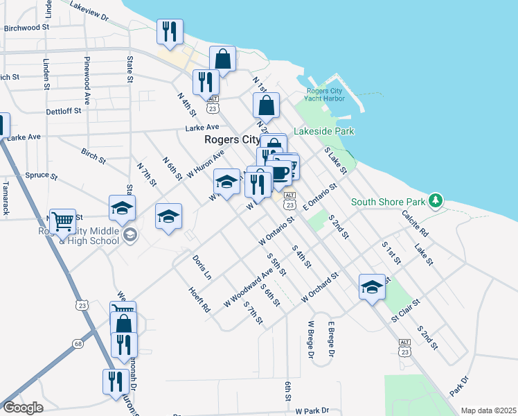 map of restaurants, bars, coffee shops, grocery stores, and more near 213 West Erie Street in Rogers City