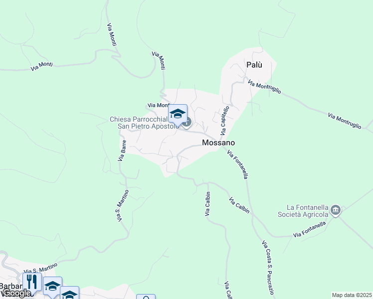 map of restaurants, bars, coffee shops, grocery stores, and more near 3 Via Calbin in Mossano