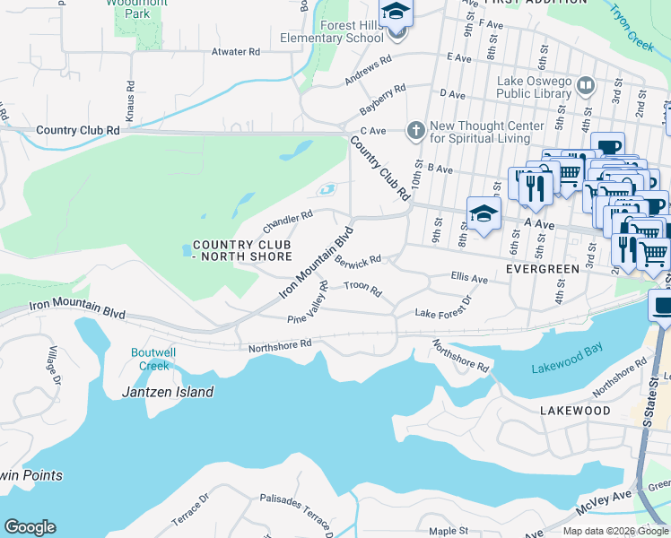 map of restaurants, bars, coffee shops, grocery stores, and more near 360 Berwick Road in Lake Oswego