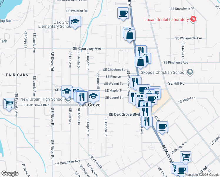 map of restaurants, bars, coffee shops, grocery stores, and more near 2535 Southeast Maple Street in Milwaukie