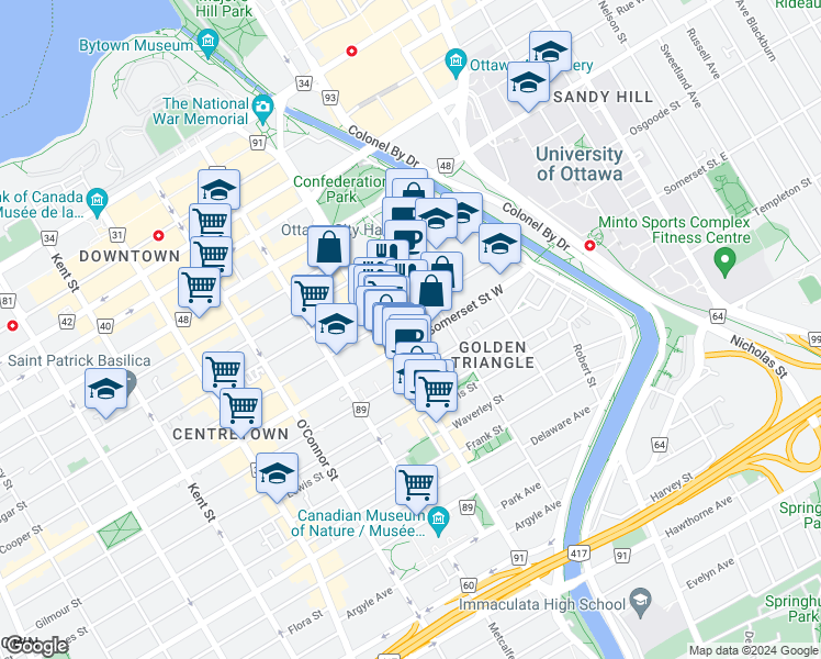 map of restaurants, bars, coffee shops, grocery stores, and more near 149 Somerset Street West in Ottawa