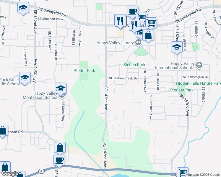 map of restaurants, bars, coffee shops, grocery stores, and more near 14289 Southeast Christenson Court in Clackamas