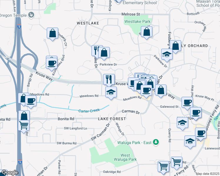map of restaurants, bars, coffee shops, grocery stores, and more near 5217-5285 Meadows Road in Lake Oswego