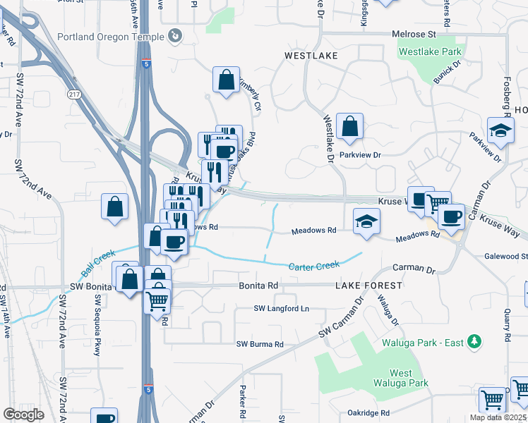 map of restaurants, bars, coffee shops, grocery stores, and more near 5885 Meadows Road in Lake Oswego