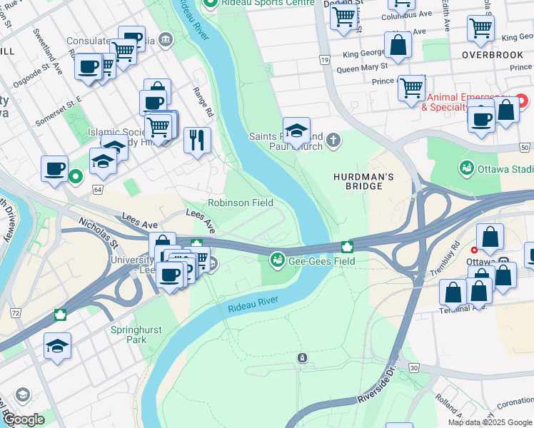 map of restaurants, bars, coffee shops, grocery stores, and more near 44 Robinson Avenue in Ottawa
