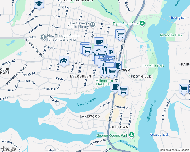 map of restaurants, bars, coffee shops, grocery stores, and more near 279 Evergreen Road in Lake Oswego