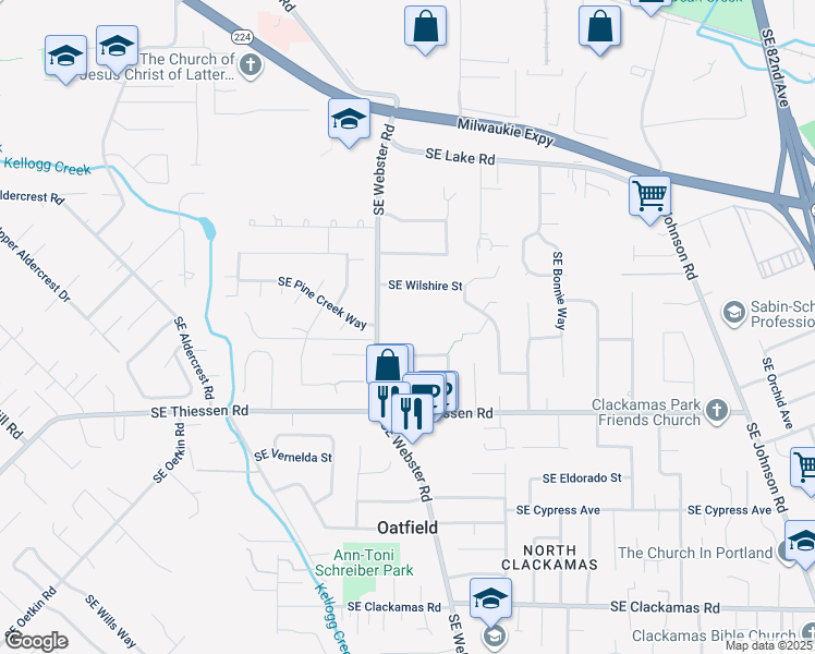 map of restaurants, bars, coffee shops, grocery stores, and more near 14404 Southeast Webster Road in Milwaukie